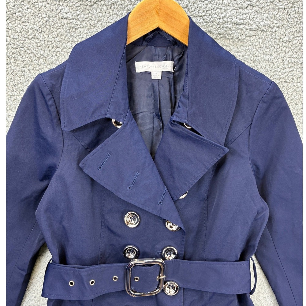 New York & Company Trench Coat Double Breasted Womens Medium Navy Belted - Picture 2 of 15